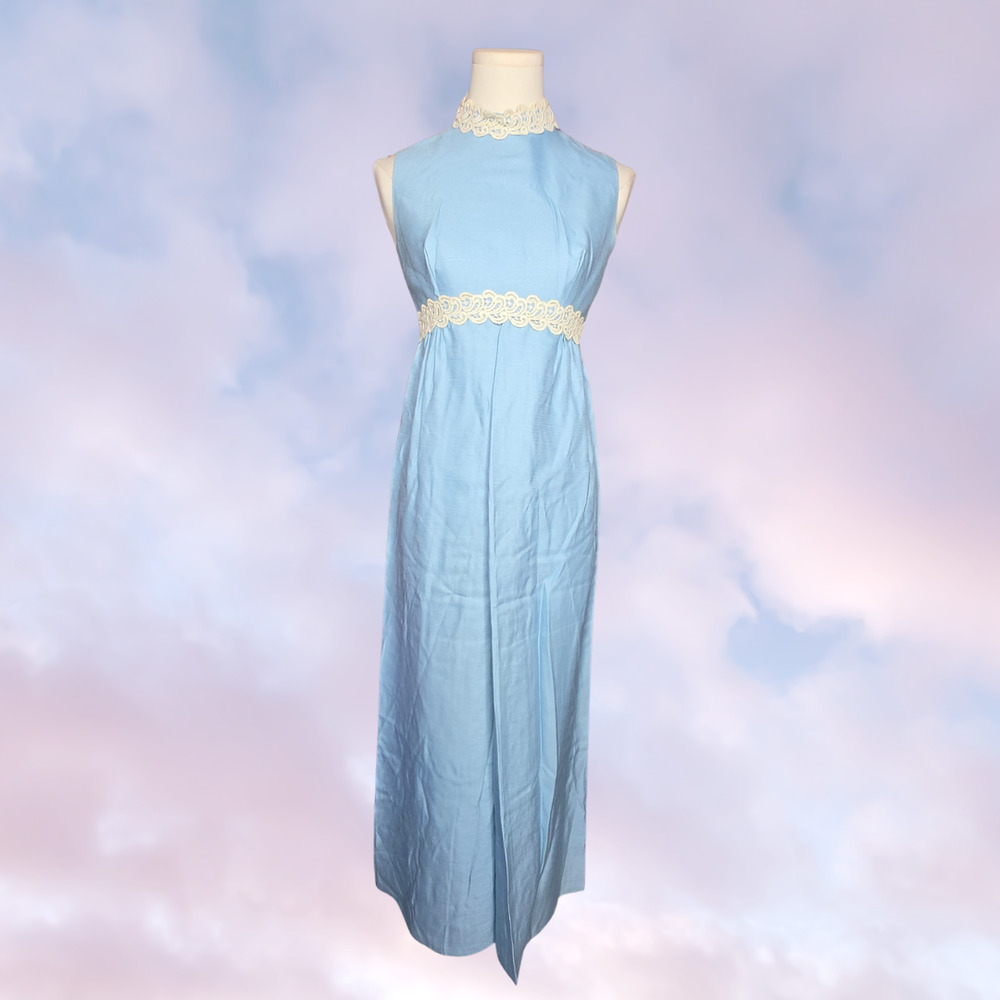 Vtg 1960s Union Made Blue Ivory Lace Mod Retro Sleeveless Maxi Tank Dress Sz 5/6